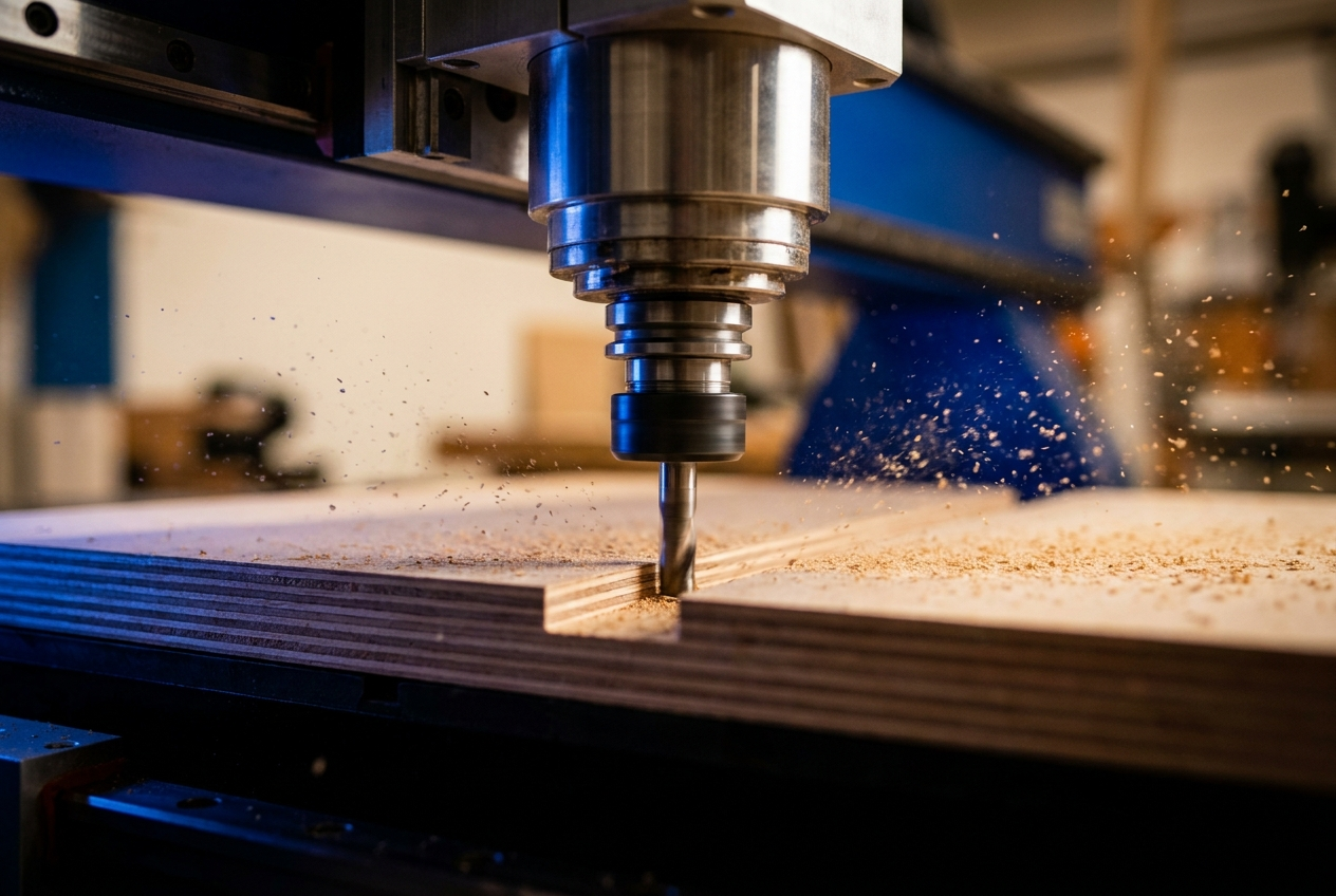 Wrzeciono frezarki CNC frezujące płytę wiórową, iskrzące wióry drewna