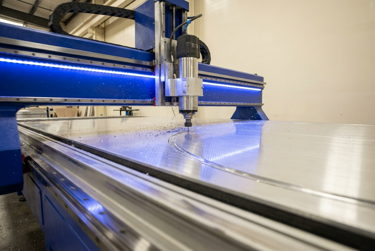 Gantry frezarki CNC przesuwającej się nad arkuszem aluminium